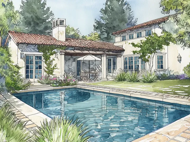 Watercolor of a Mediterranean house and pool
