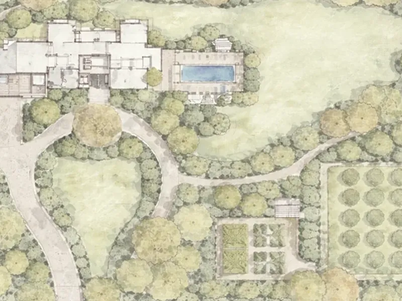 Hand-colored landscape master plan with pool and garden paths