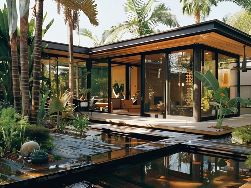 Photo-style rendering of a tropical modern house with reflecting pond