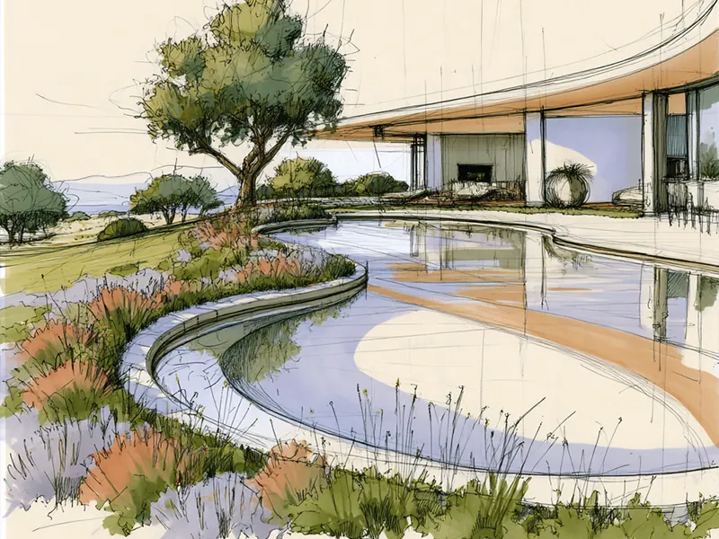 Pen and ink concept sketch of a curved pool and covered patio