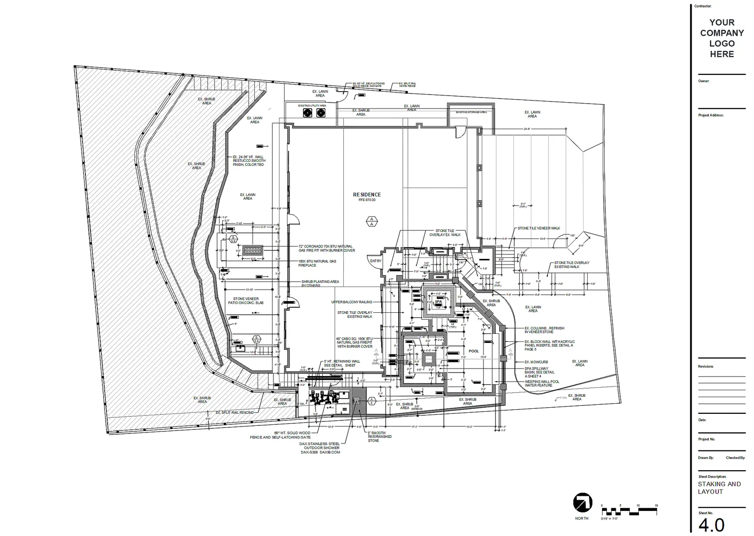 Full site staking and layout plan with planting areas and hardscape