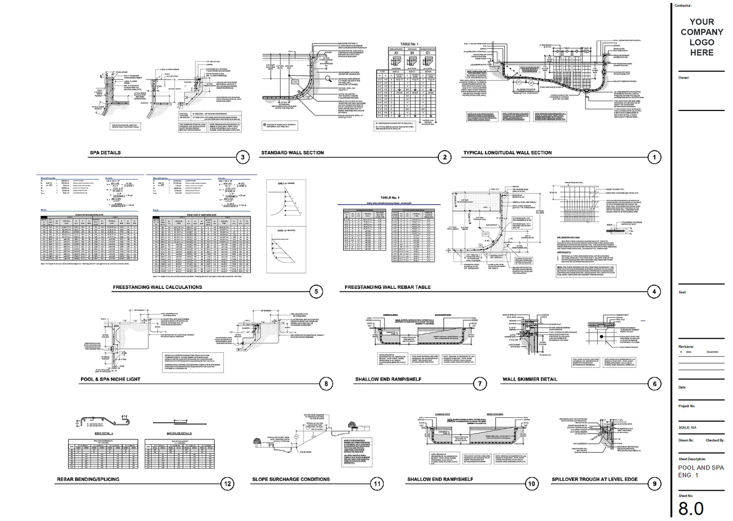Pool and spa engineering details: wall sections, rebar tables, skimmer and spillover details