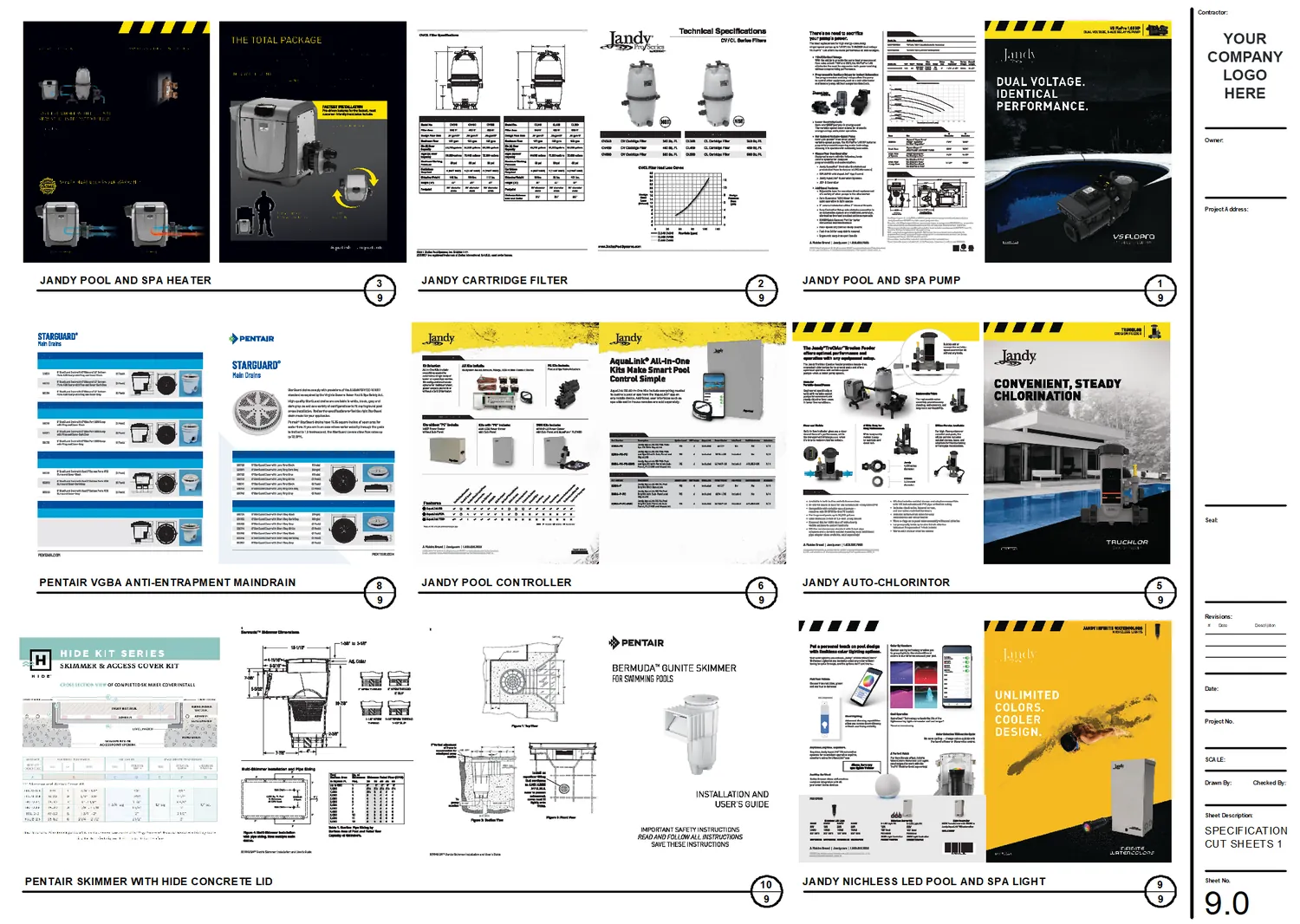Equipment specification cut sheets for heater, filter, pump, controller, chlorinator, skimmer, main drain and light