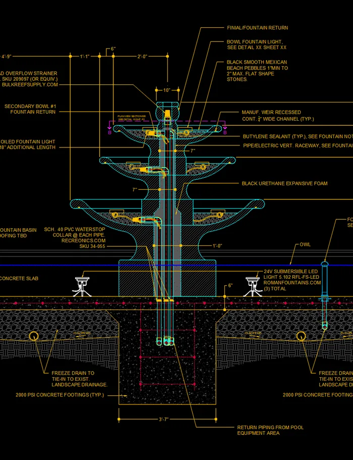 CAD section detail of a three-tier pool fountain with lighting, piping and footing callouts