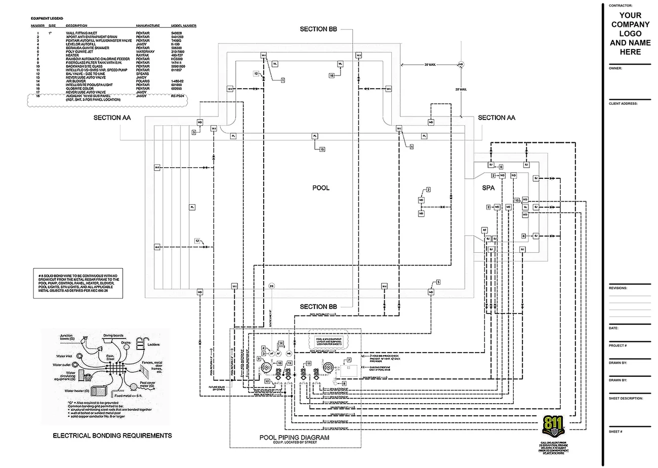 Residential pool equipment and piping plan with equipment legend and piping diagram