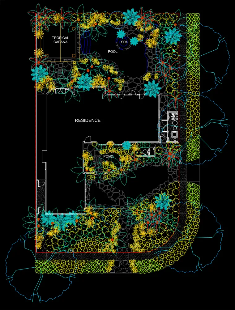 Color CAD plan of the Sunset Magazine cover backyard: residence, pool, spa, tropical cabana and pond