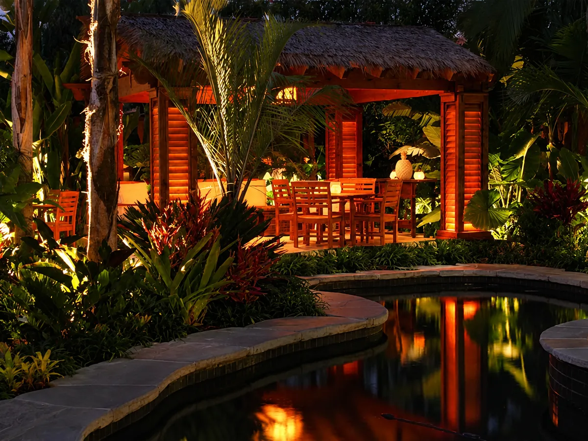 The built tropical cabana and pond at dusk